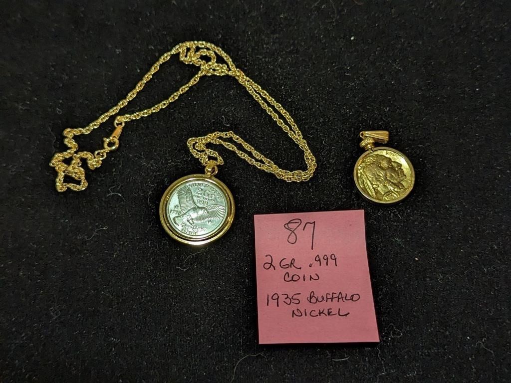 .999 Silver 2g Coin and Buffalo Nickel Pendant