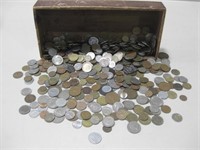 Wooden Box Assorted Foreign Coins
