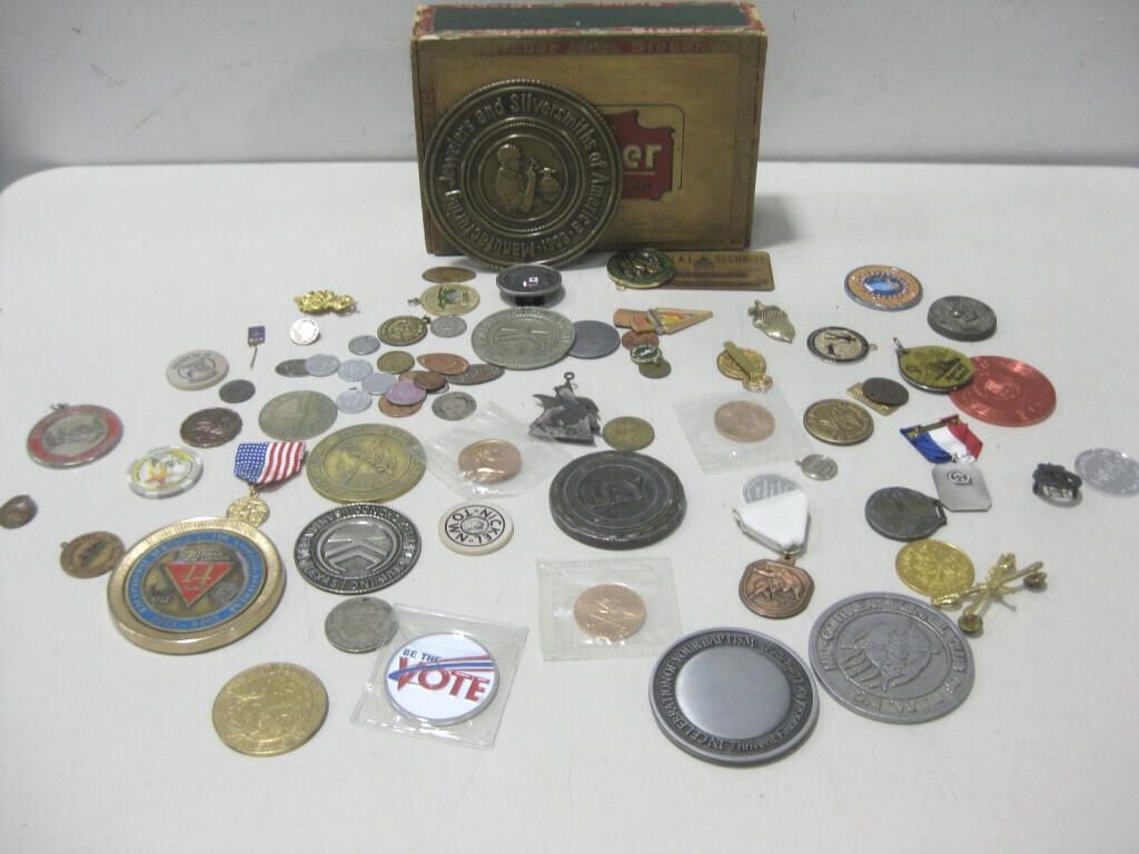 Cigar Box W/Misc Tokens & Medals