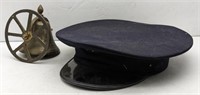 (II) Military cap and a brass bell (5" tall).