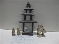 Three Asian Statues & Asian Mirror See Info