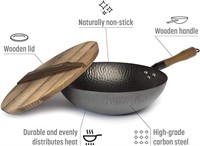 Black Carbon Steel 13-Inch Wok Pan with Lid Goodfu