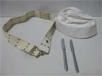 WWII U.S. Navy Hat, Belt & Two Knives