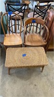 2 wood chairs and wicker coffee table 30.5"x17"