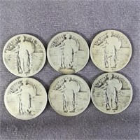 (6) Standing Liberty Quarters Years Worn Off