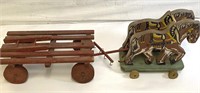 *Vintage Wood Folk Art Horses & Hay Wagon Pull Toy