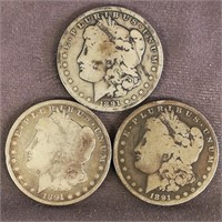 (3) 1891 O Morgan Dollar