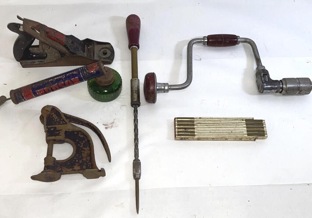 *Vintage Tools Plane, Drill, Measurer, & More