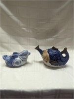 Two vintage teapots fish & bird
