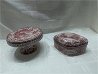 Red transferware cake stand & covered dish