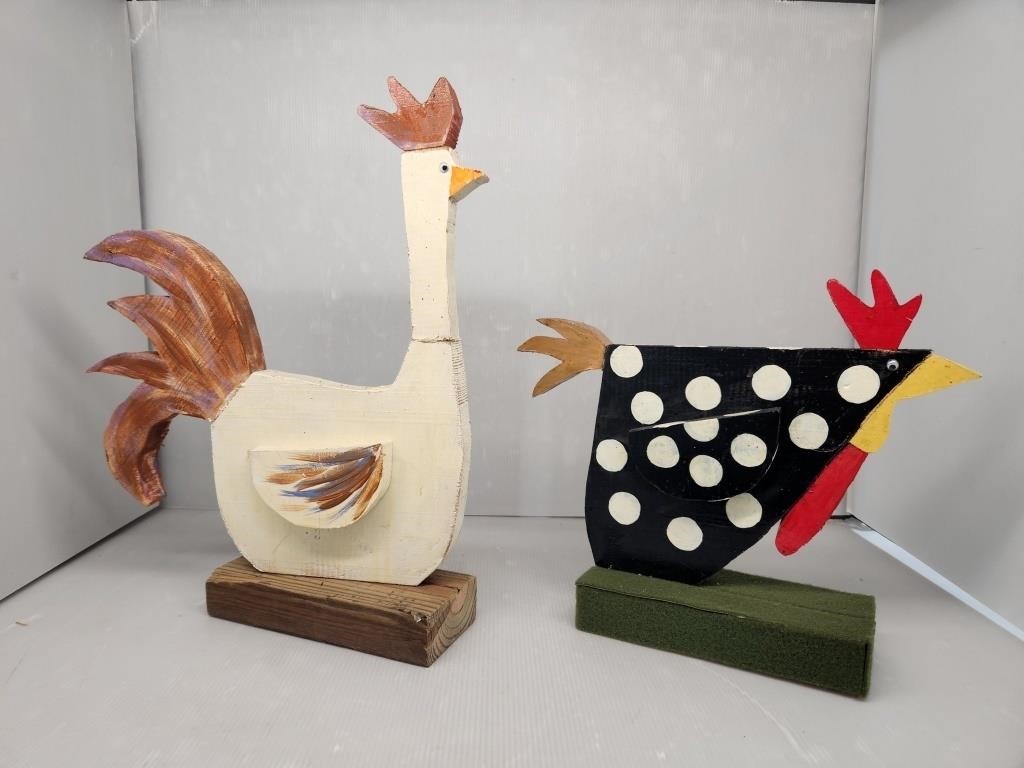 Painted Wood Hen and Rooster