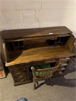 WOOD ROLL TOP DESK W/WOOD CHAIR-