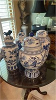Blue and White 18” tall vase with lid, scroll a