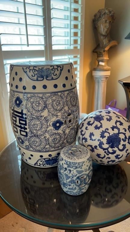 Blue and white Asian garden ball 10 1/2 inches