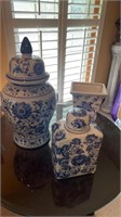 Blue and white 19 inch tall temple jar with lid,