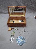 Wooden Floral Carved Jewelry Box Filled W/Assorted