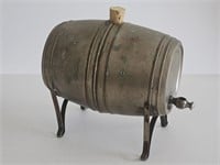 VINTAGE METAL KEG BARREL ON A 4 LEGGED STAND WITH