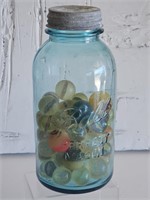 VTG 1/2 G BLUE BALL JAR/ZINC LID FULL OF VTG SUPER