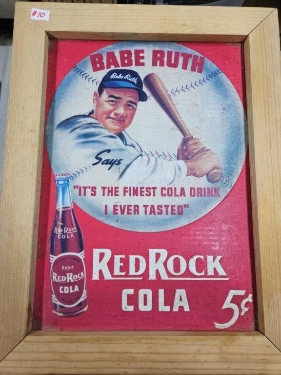 Babe Ruth Red Rock Cola Metal Sign on Wooden Box