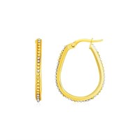 14k Two-tone Gold Bead Textured Oval Hoop Earrings