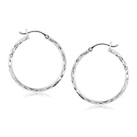 14k White Gold Diamond-cut Hoop Earrings