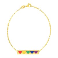 14k Gold & Rainbow Enamel Hearts Bar Bracelet