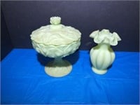 FENTON. Vase and covered dish. Shown with, and