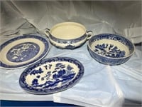 4 antique pieces dishware. Willow Ware by Royal