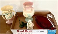2 Hull vases, porcelain rose, ruby glass swan dish