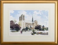 Illegibly Signed "View of Notre Dame" Watercolor