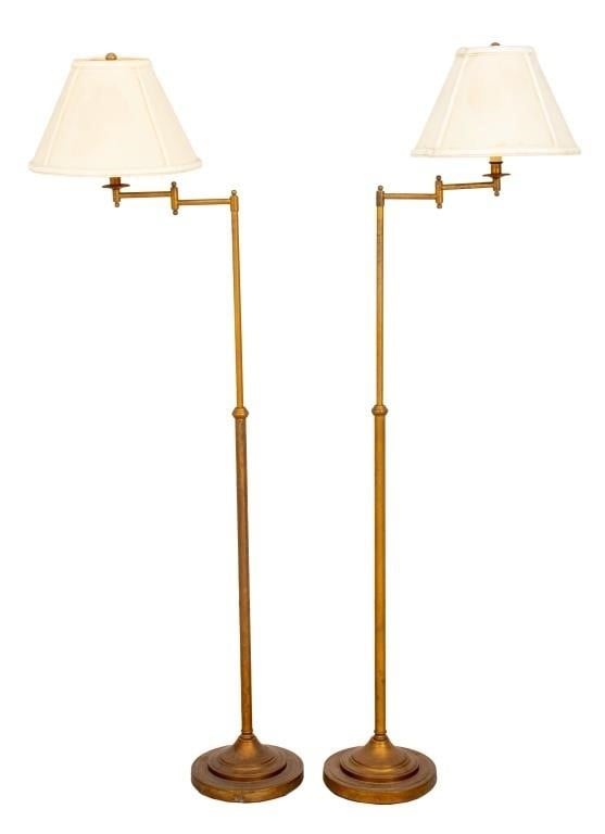 Brass Swing Arm Extendable Floor Lamps, Pair