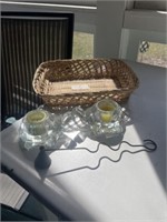 Glass turtle candle holders, wicker basket and