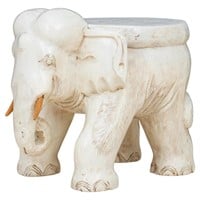 White Painted Carved Wood Elephant Stool
