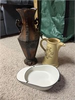 Patterned vase, metal pan and yellow pitcher