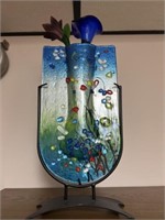 Stained glass flattened vase and glass flowers