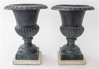Cast Iron Campagna Form Urns on Marble Bases, 2