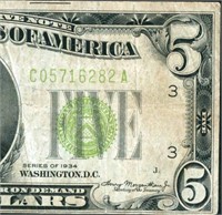 $5 1934 LGS LIME ((LIGHT GREEN SEAL)) FRN