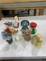 Assorted glass figurines, plastic tomato holder