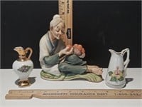 Vintage Ceramic Figurine and 2 Miniature Pitchers