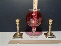 Cranberry Etched Vase and 2 Brass Candlesticks