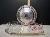 Silver-Plated Serving Tray and 2 Glass Serving Bow