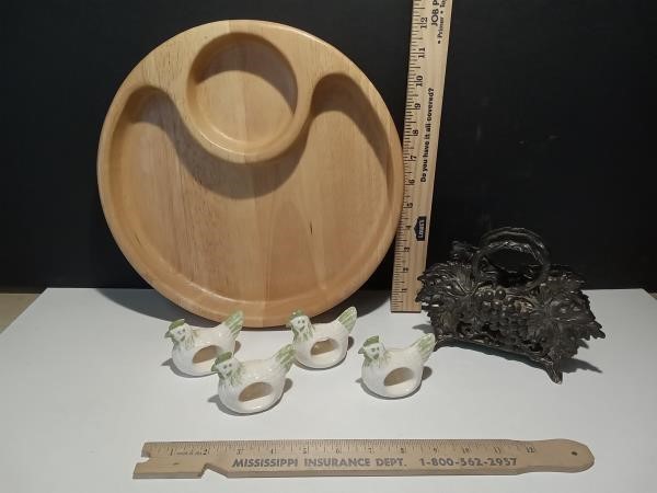 Wooden Chip and Dip Bowl, Napkin Holder And Rings