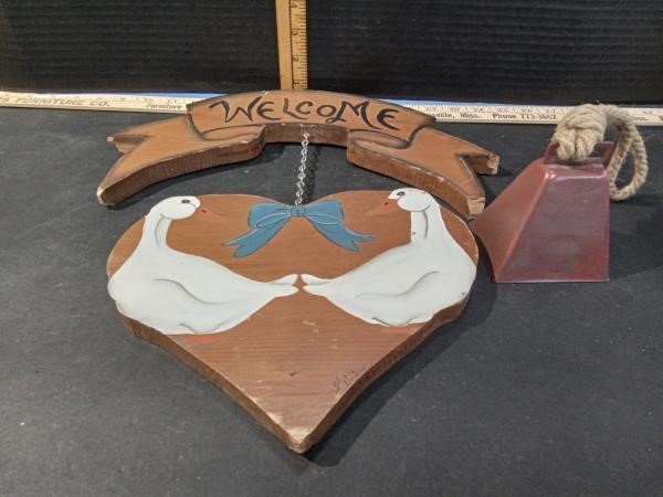 Wooden Welcome Sign and Cow Bell