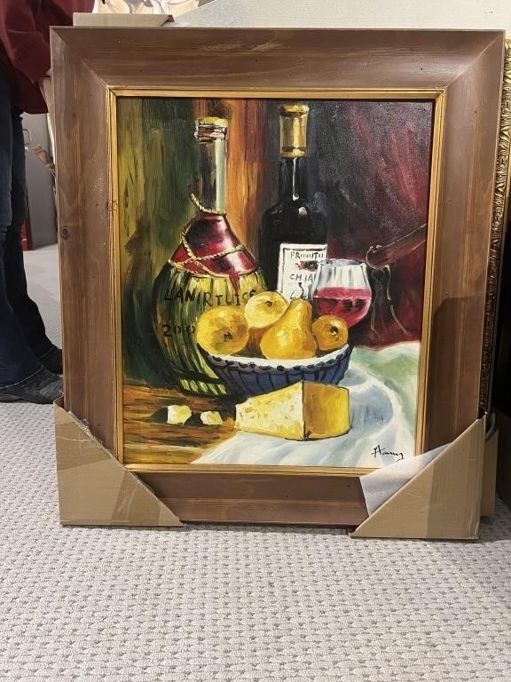 Framed Oil Fruit, Wine and Cheese #161  27.5 X 2 X