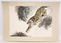 Lu Chun Lan "Tiger Leeping" Watercolor & Ink