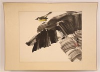 Lu Chun Lan "Bird On Leaves" Watercolor & Ink