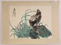 Lu Chun Lan "Bird On Rock" Watercolor & Ink