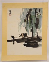 Lu Chun Lan "Man Pulling Hog" Watercolor & Ink