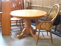 48" Round Oak Table, 2 Captains Chairs, 1 Leaf