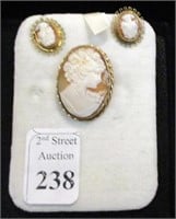 Gold Filled Cameo Brooch & Earrings Set